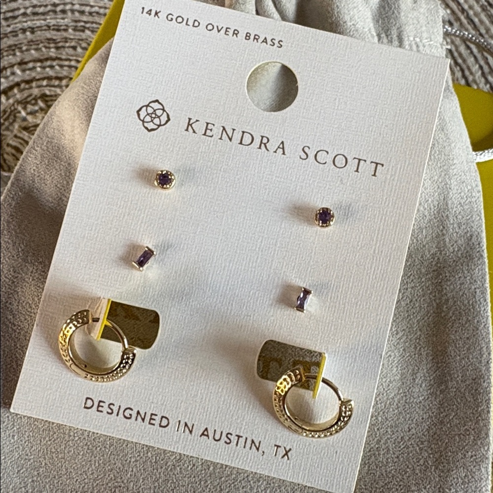 - Kendra Scott Mandy Stud Earring Set 3pc Gold/Purple new - Picture 4 of 5